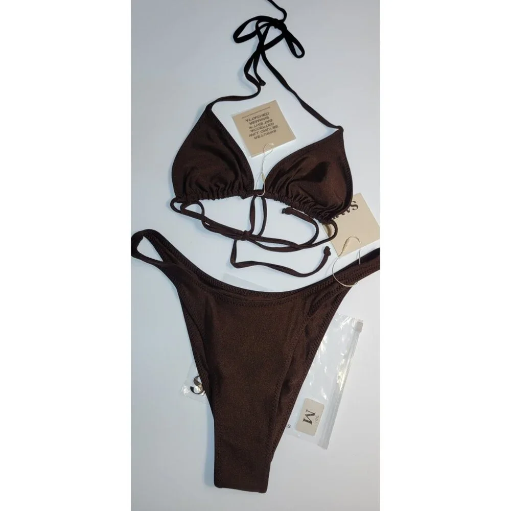 SAME Los Angeles Swim Bikini Set 2Pc Triangke Top L 90s Bottom Medium Brown SZ M - Picture 11 of 16